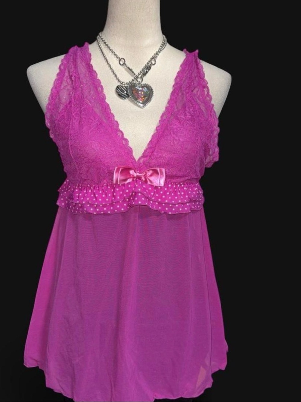 Lace-Trim Polka Ruffle Babydoll Chemise in Fuchsia